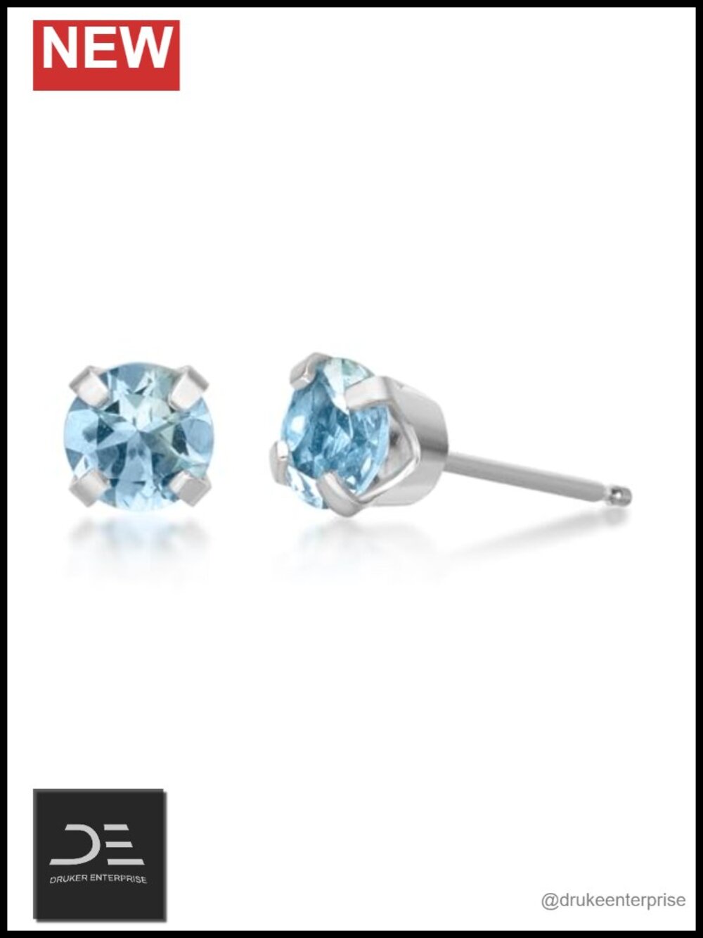 14K White Gold Stud Earrings Natural Birthstone Round Aquamarine 4mm
